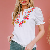 Embroidered Notched Neck Flounce Sleeve Top