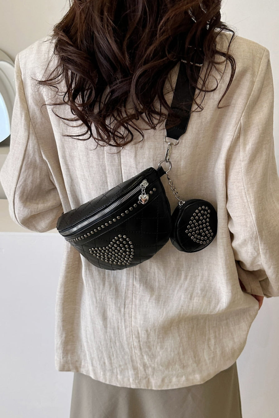 Studded PU Leather Sling Bag with Small Purse