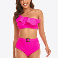 Ruffled One-Shoulder Buckled Bikini Set