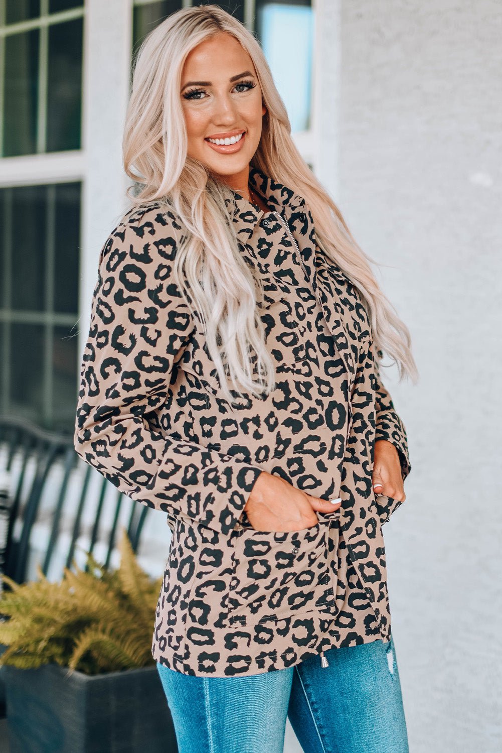 Leopard Drawstring Waist Shirt Jacket with Pockets