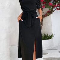 Tie-Waist Off-Shoulder Split Dress