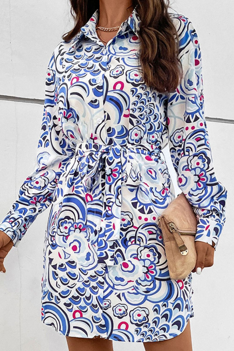 Printed Collared Neck Tie Waist Long Sleeve Dress