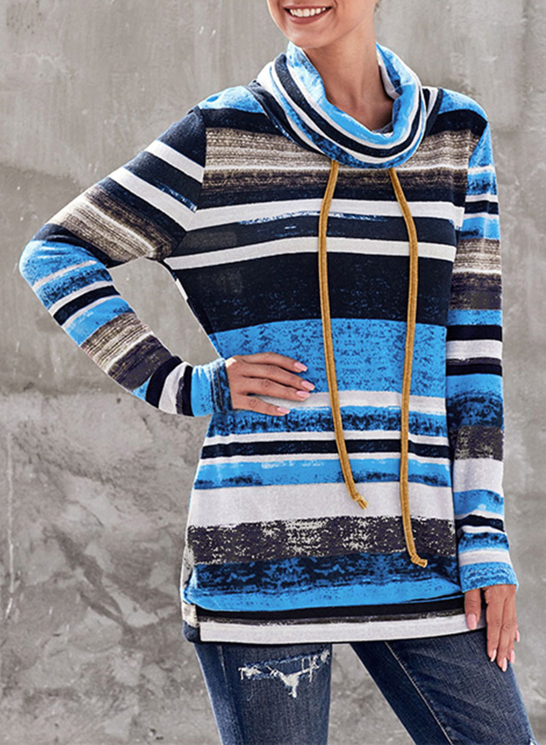 Striped Cowl Neck Tunic Sweatshirt