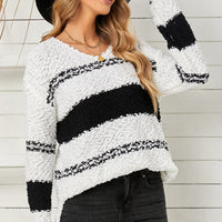 Striped V-Neck Popcorn Knit Sweater