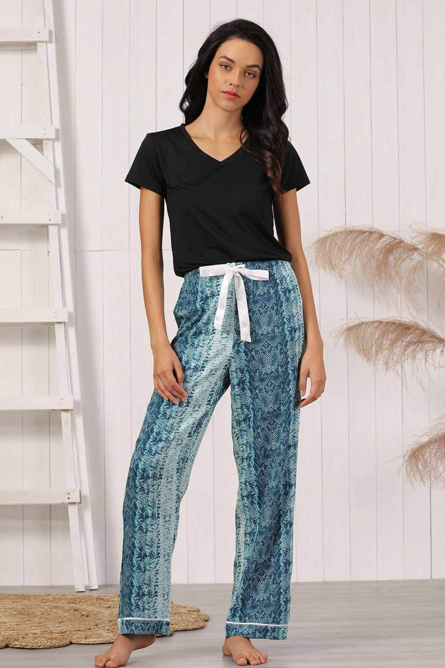 V-Neck Tee and Printed Pants Pajama Set