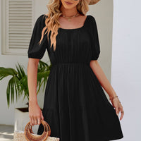 Ruched Square Neck Puff Sleeve Mini Dress