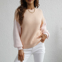 Two-Tone Rib-Knit Dropped Shoulder Sweater