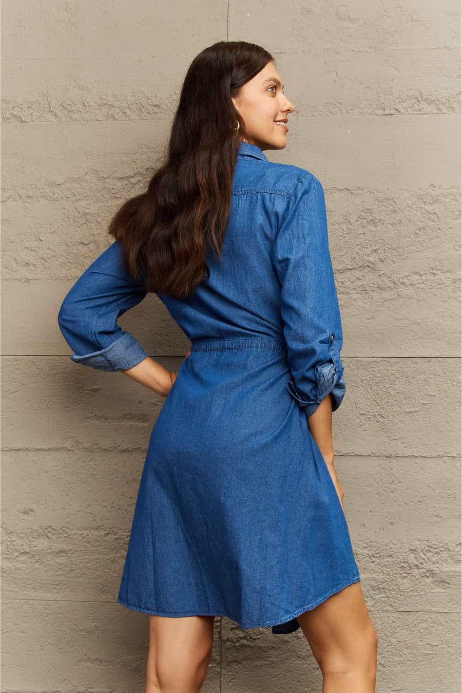 Ninexis Collared Neck Tie Waist Denim Dress