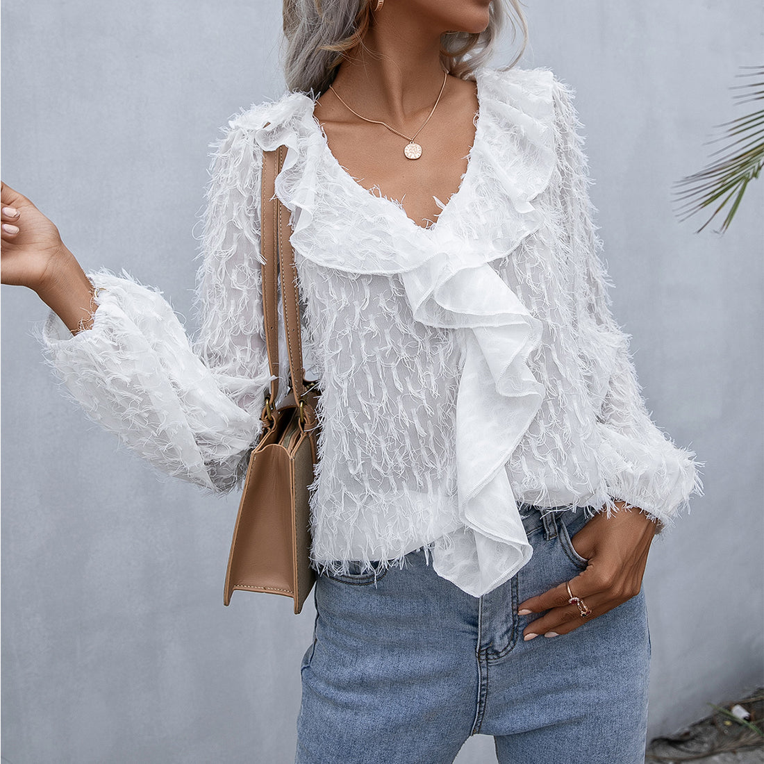 Ruffle Hem Fringe V-Neck Balloon Sleeve Blouse