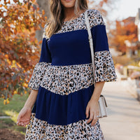 Animal Print Color Block Flare Sleeve Dress