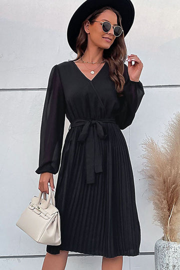 Belted Balloon Sleeve Pleated Dress