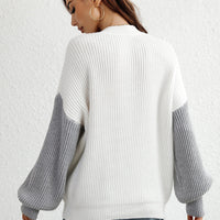 Two-Tone Rib-Knit Dropped Shoulder Sweater