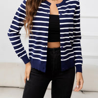 Striped Round Neck Long Sleeve Buttoned Knit Top