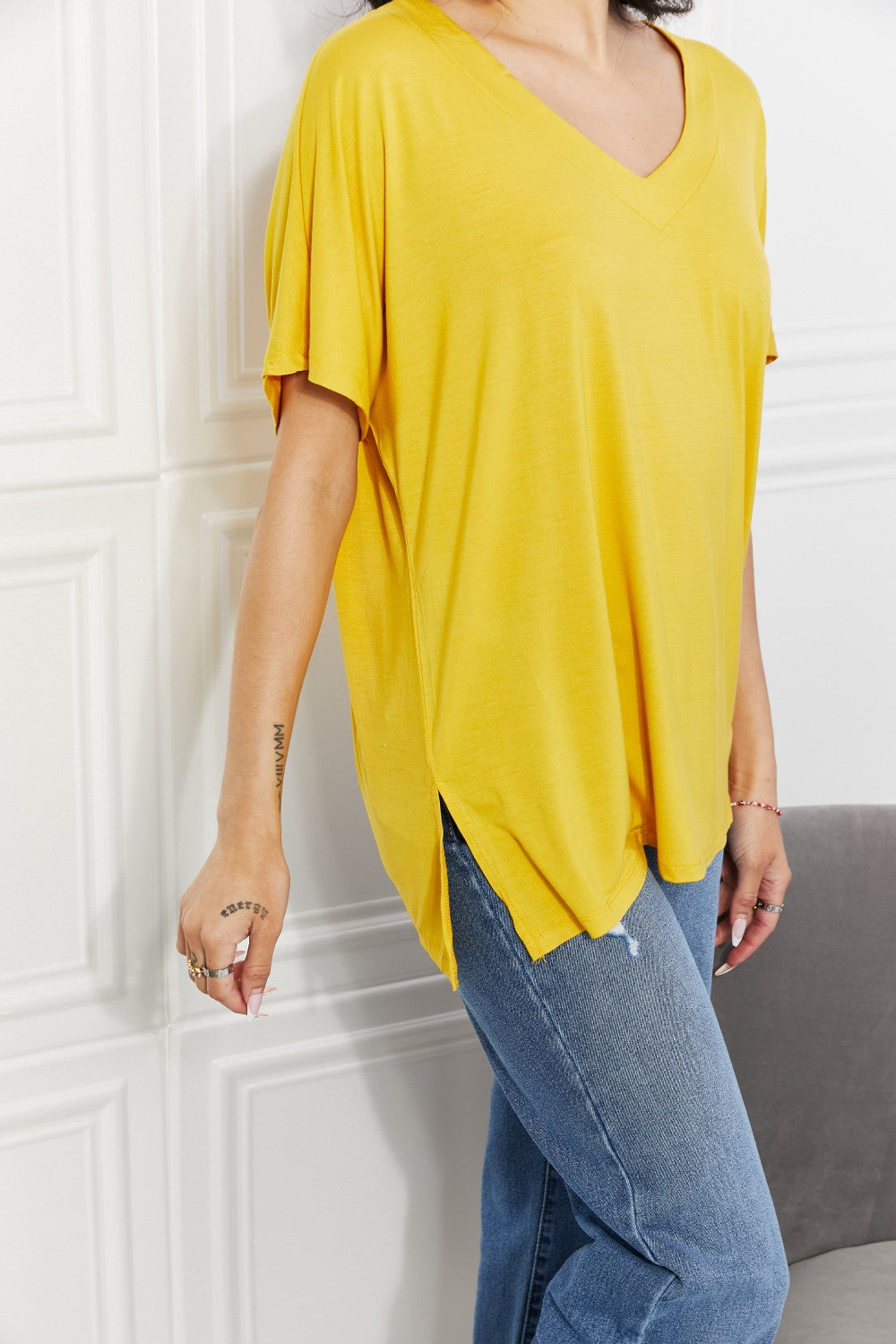 Yelete Full Size V-Neck Side Slit Tee