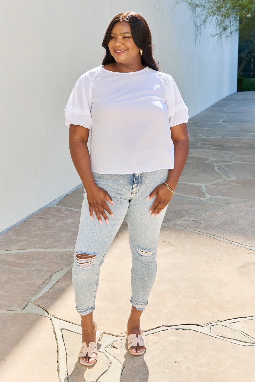 Petal Dew Sweet Innocence Full Size Puff Short Sleeve Top In White