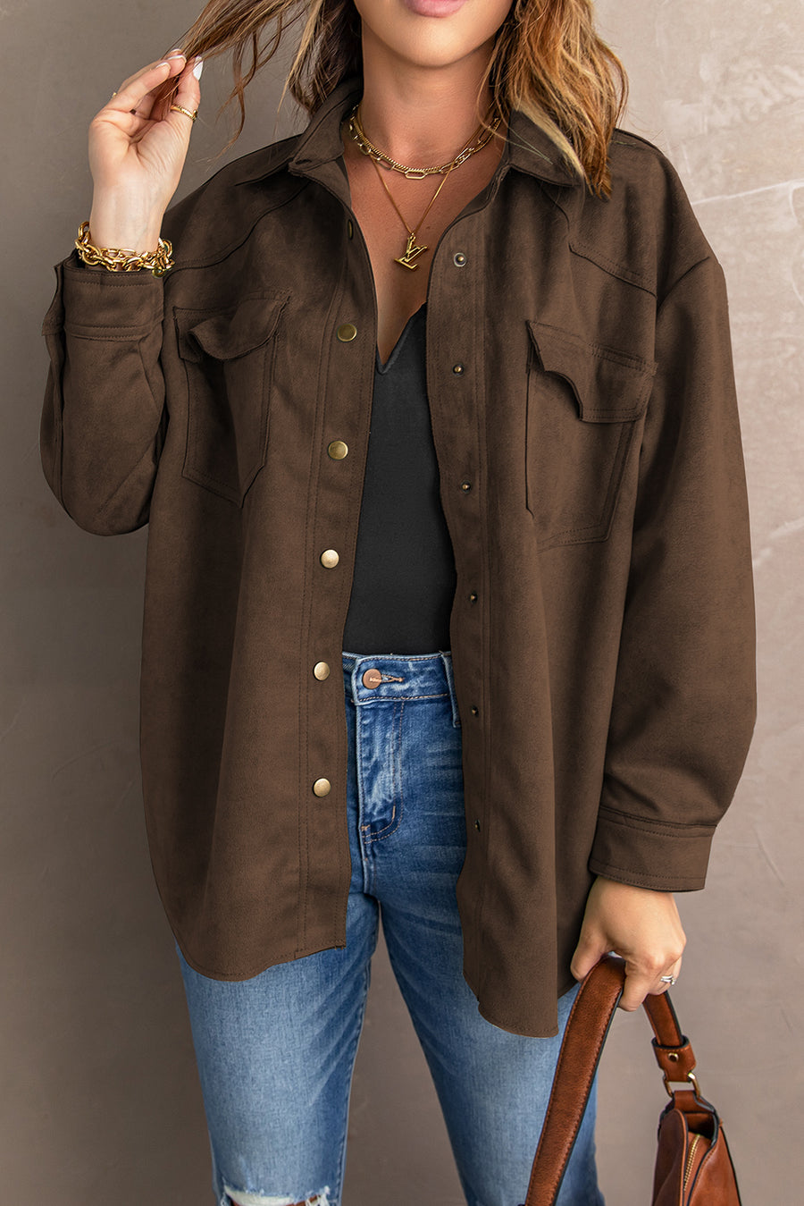 Suede Snap Front Dropped Shoulder Shirt Jacket