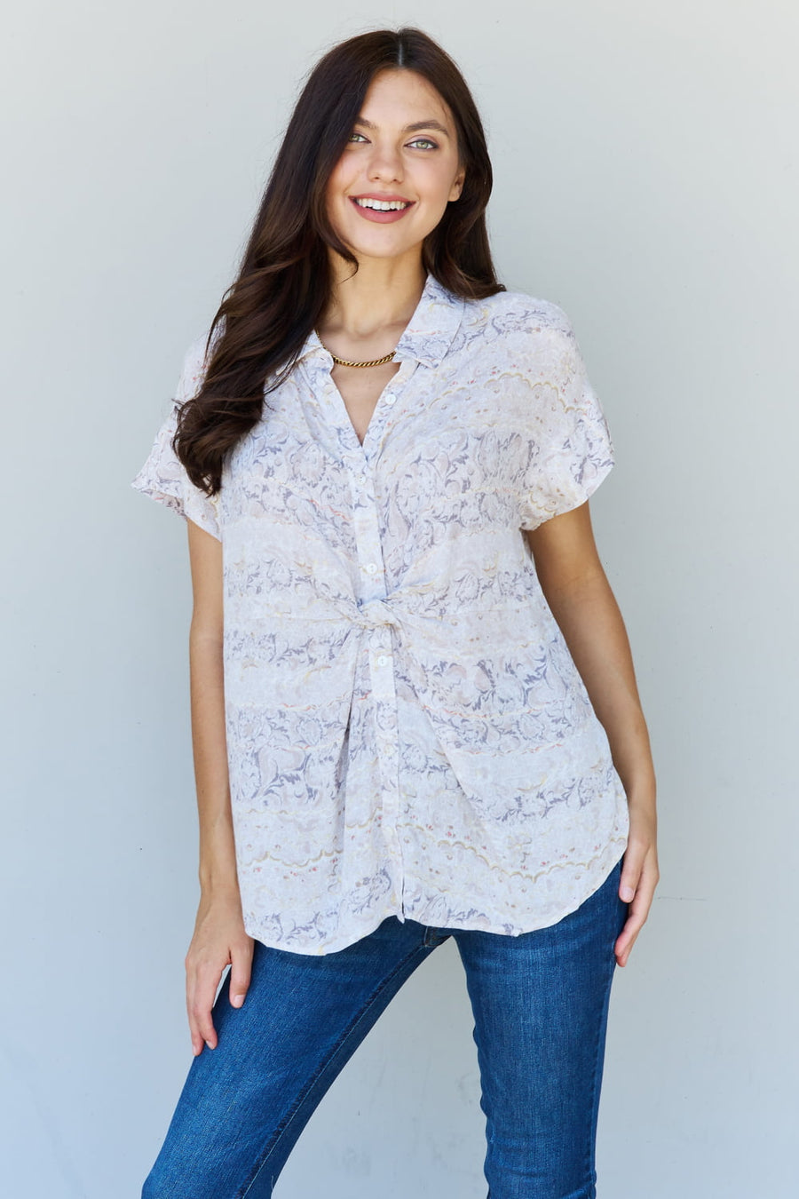 ODDI Full Size Floral Paisley Printeded Twist Tunic Top