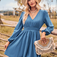 V-Neck Long Sleeve Smocked Waist Mini Dress