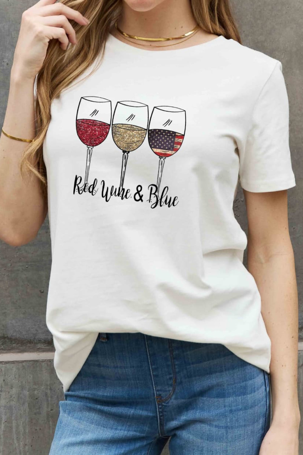 Simply Love Full Size RED WINE & BLUE Graphic Cotton Tee