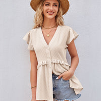 Buttoned V-Neck Ruffle Trim Top