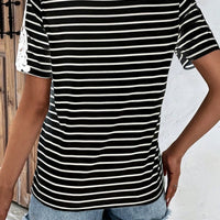 Striped Spliced Lace Round Neck Tee