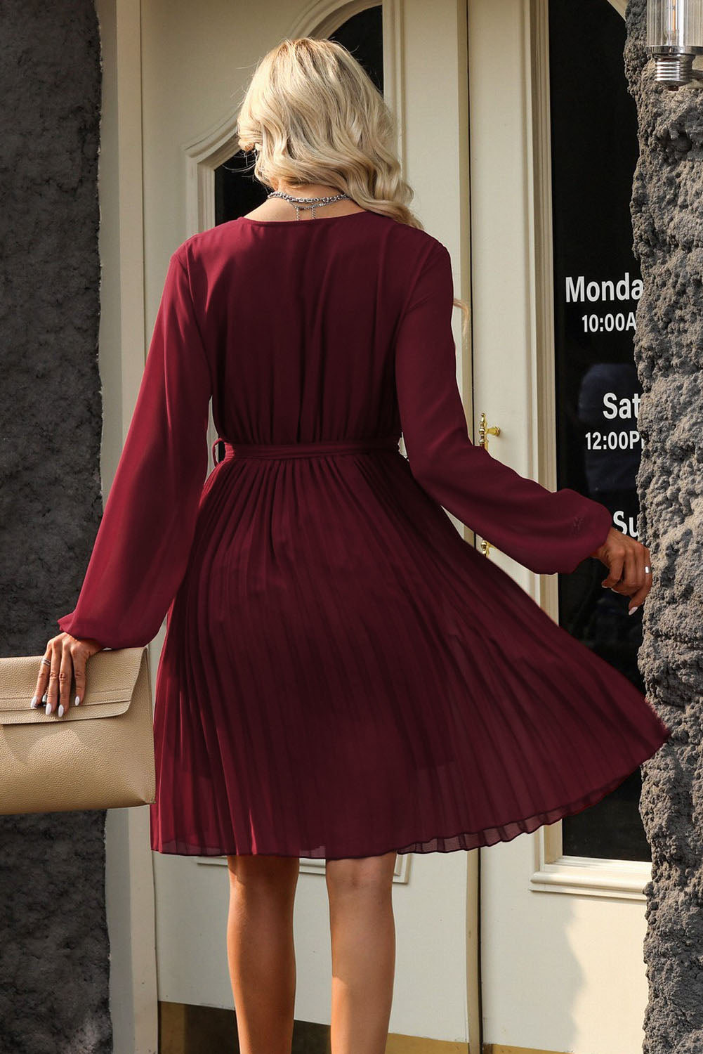 Tie Belt Balloon Sleeve Pleated Dress