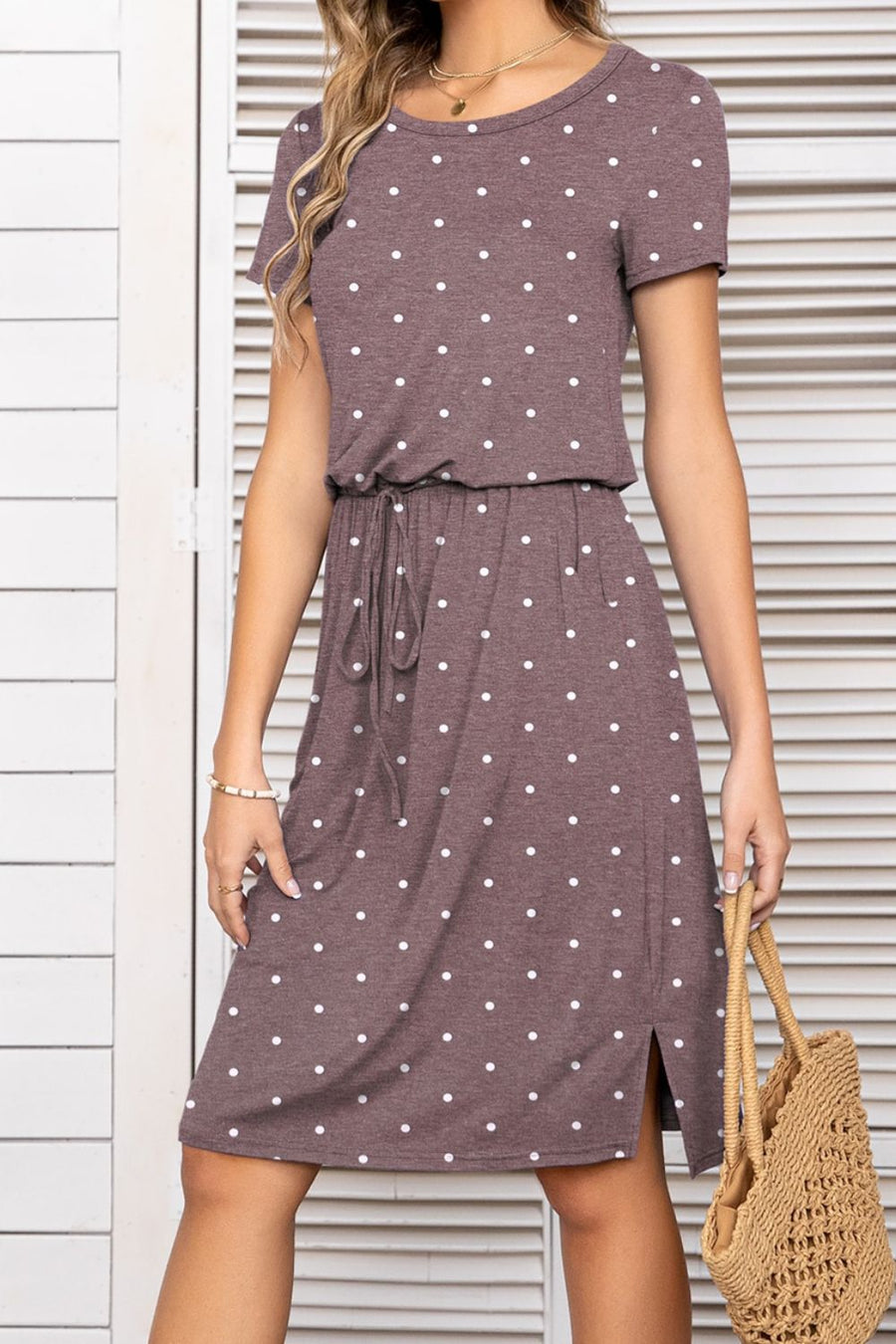 Round Neck Short Sleeve Slit Dress with Pockets