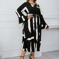 Melo Apparel Plus Size Printed Tie Belt Flare Sleeve Round Neck Midi Dress