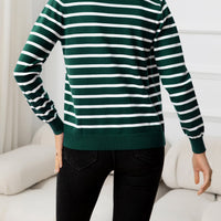 Striped Round Neck Long Sleeve Buttoned Knit Top