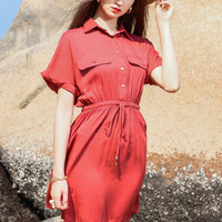 Half Button Drawstring Waist Short Sleeve Shirt Dress