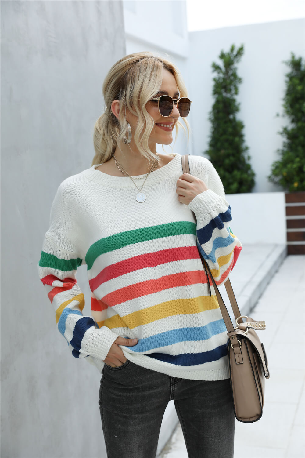 Rainbow Stripe Dropped Shoulder Sweater