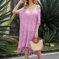 V-Neck Short Sleeve Fringe Hem Knit Dress