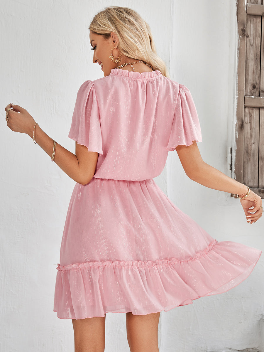 Frill Trim Tie Neck Flutter Sleeve Dress