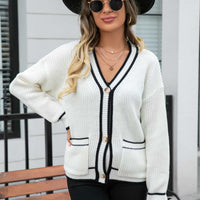 Waffle Knit V-Neck Cardigan with Pocket