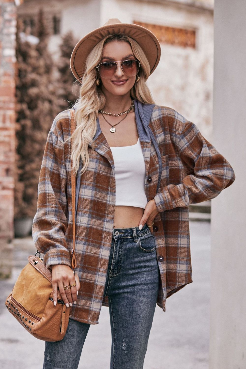 Plaid Dropped Shoulder Hooded Longline Shacket