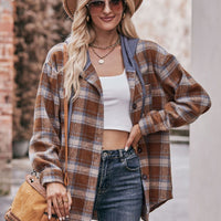 Plaid Dropped Shoulder Hooded Longline Shacket