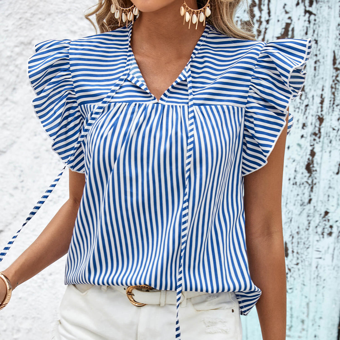 Striped Tie Neck Butterfly Sleeve Blouse