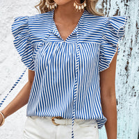 Striped Tie Neck Butterfly Sleeve Blouse