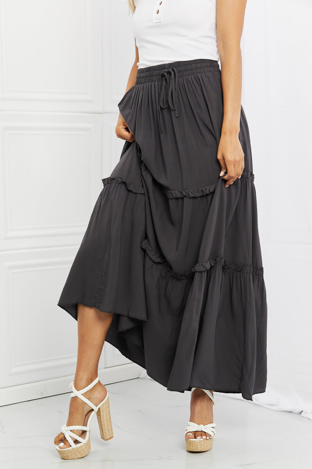 Zenana Summer Days Full Size Ruffled Maxi Skirt in Ash Grey