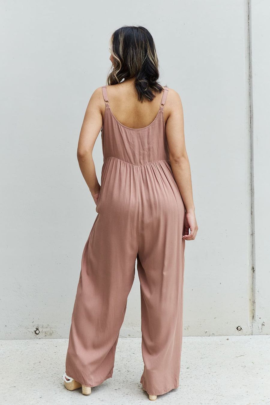 HEYSON All Day Full Size Wide Leg Button Down Jumpsuit in Mocha