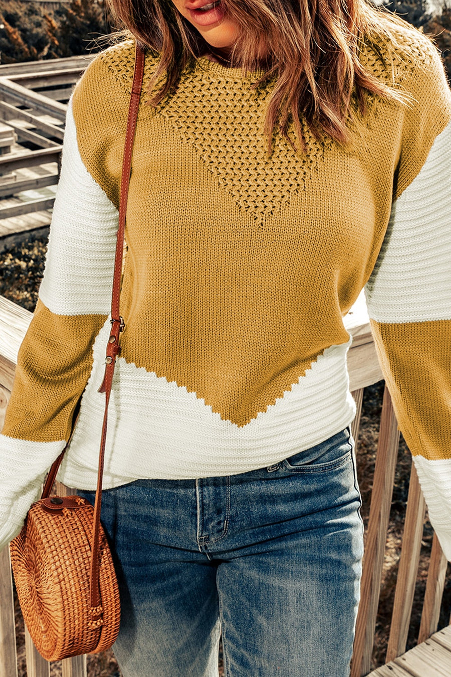 Two-Tone Openwork Rib-Knit Sweater