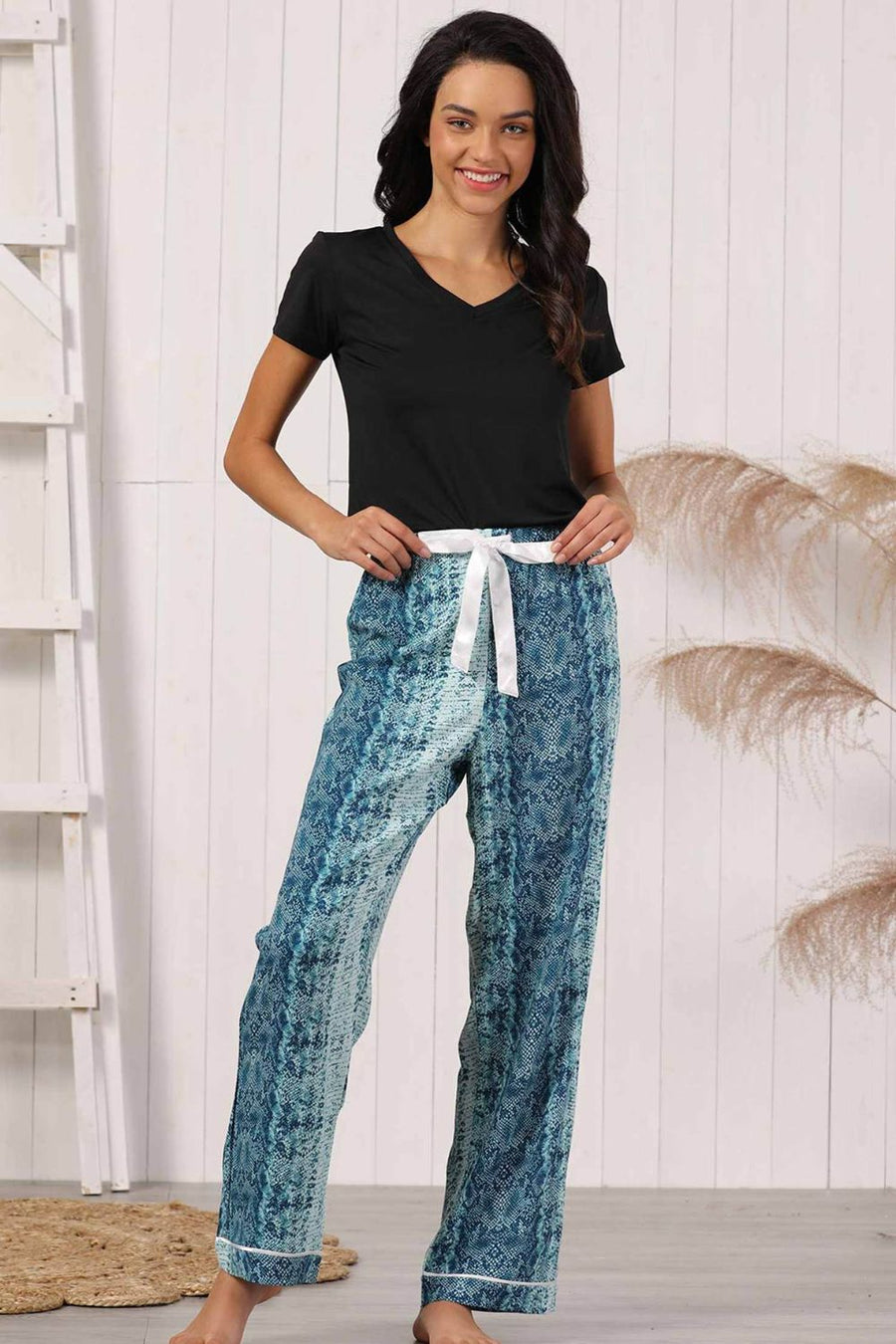 V-Neck Tee and Printed Pants Pajama Set