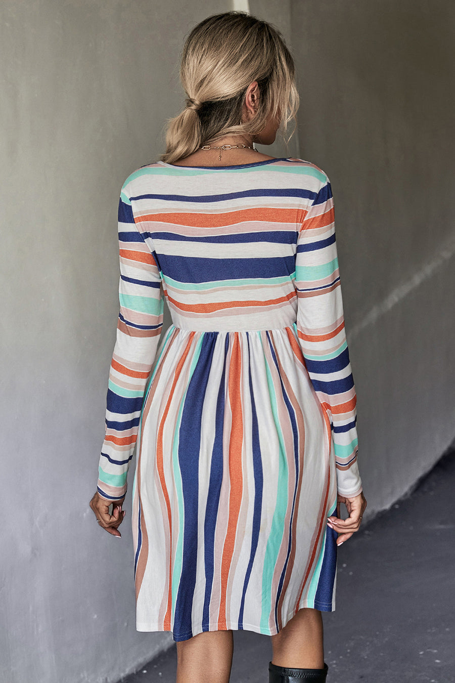 Striped Round Neck Long Sleeve Tee Dress