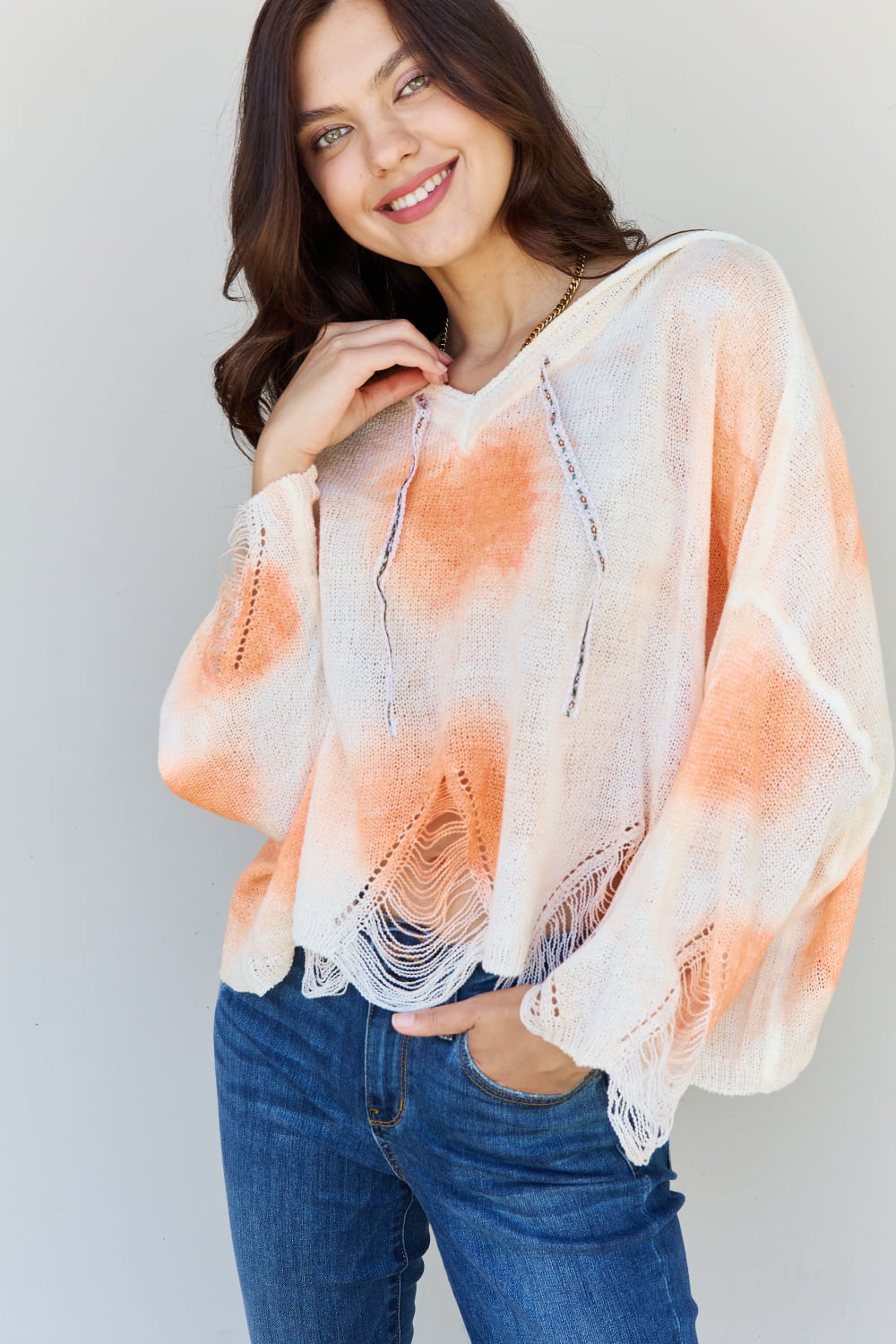 POL Mix It Up Tie Dye Hooded Distressed Sweater in Ivory/Orange