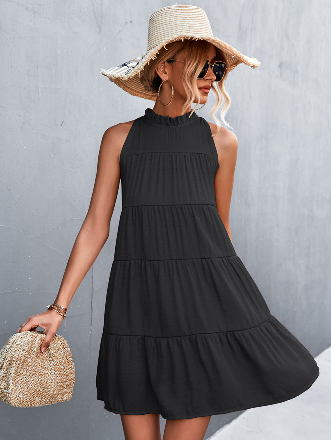 Tie Back Mock Neck Tiered Dress