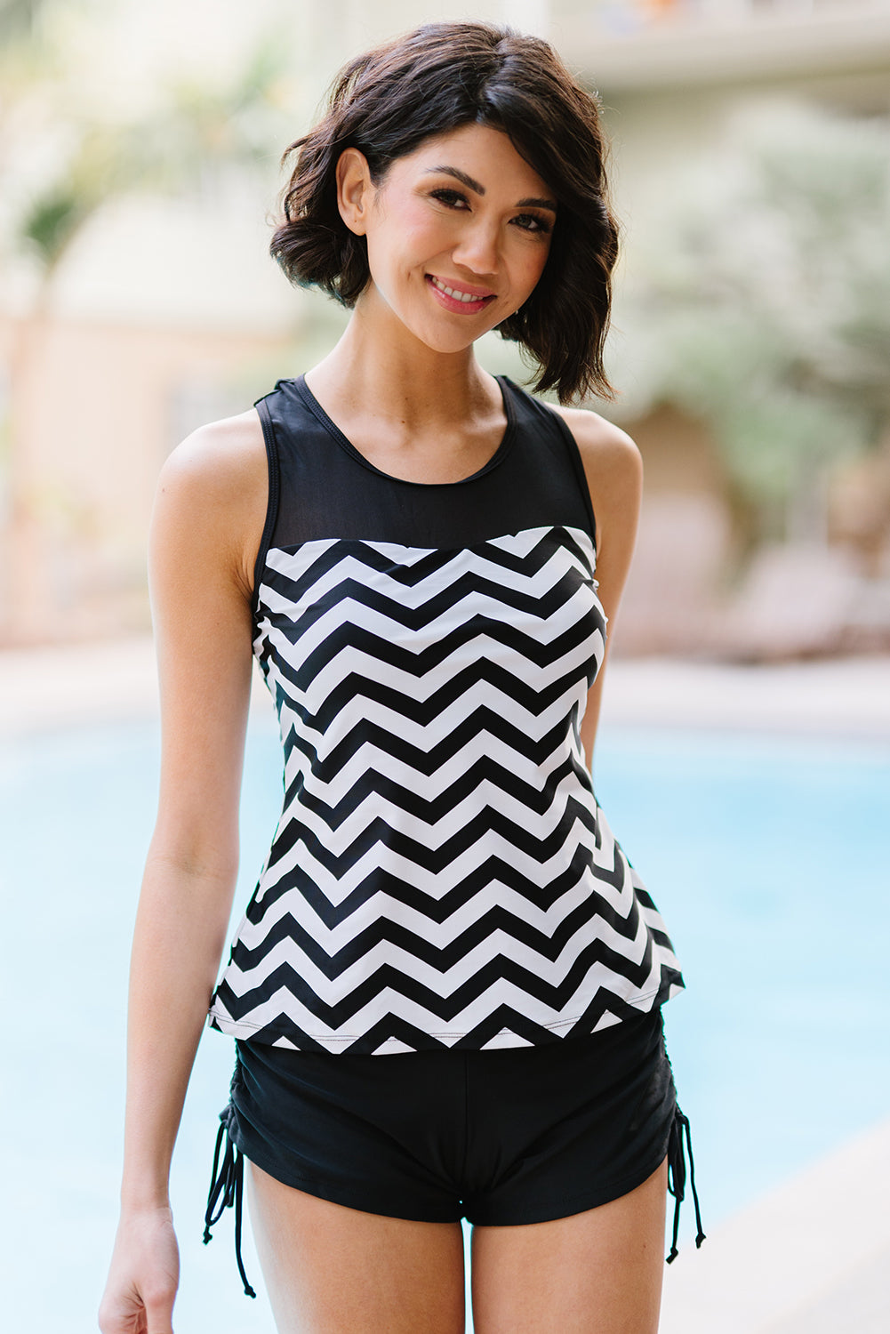 Full Size Chevron Print Ruched Tankini Set