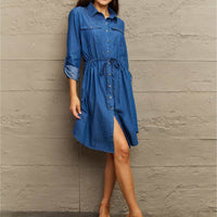 Ninexis Collared Neck Tie Waist Denim Dress