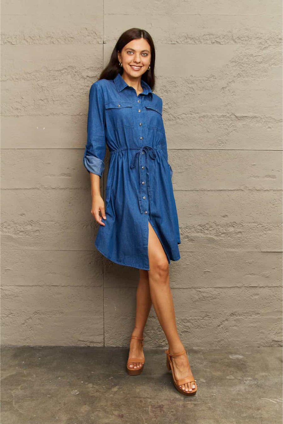 Ninexis Collared Neck Tie Waist Denim Dress