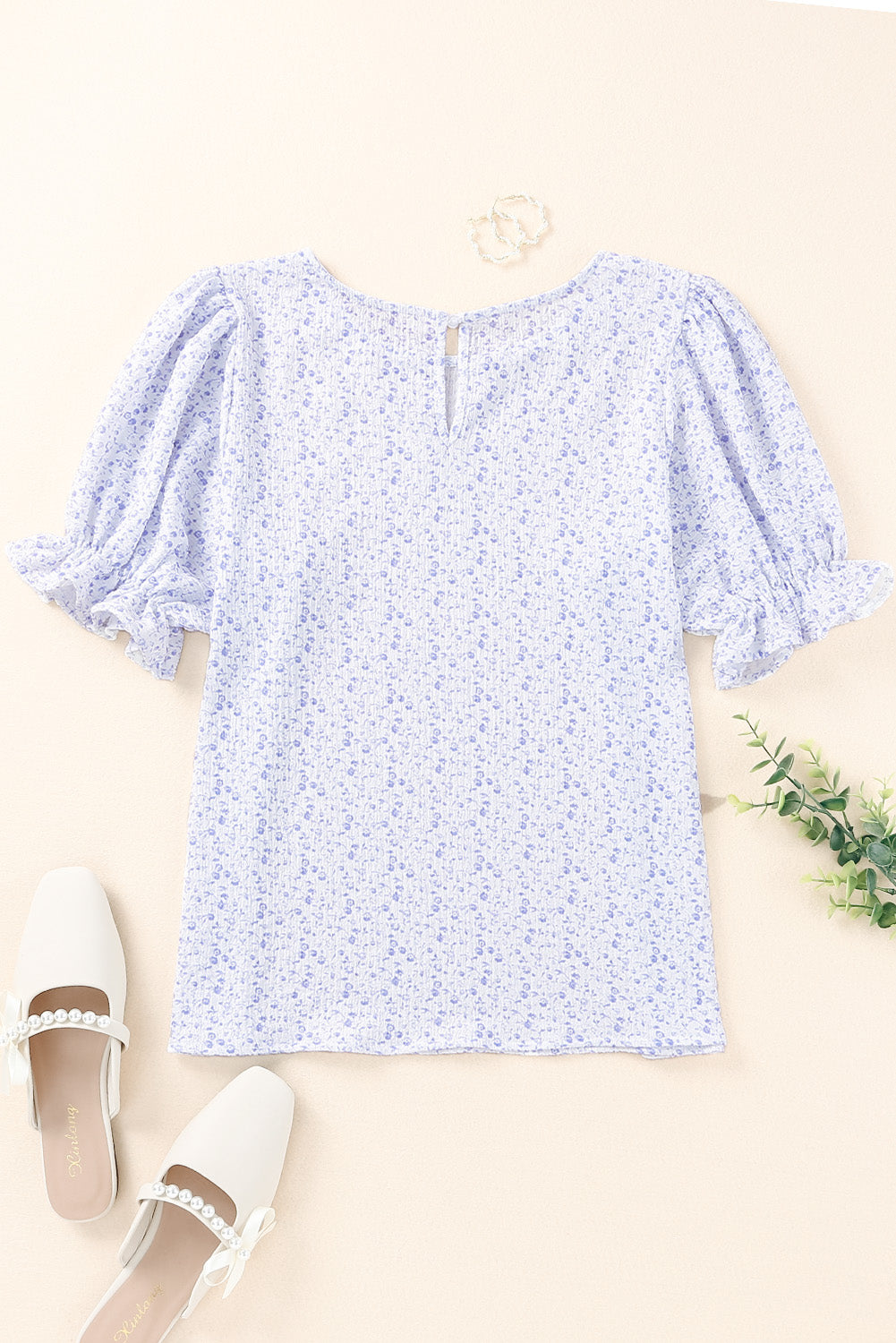 Printed Round Neck Half Flounce Sleeve Top