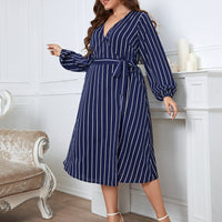 Melo Apparel Plus Size Striped Surplice Neck Long Sleeve Dress